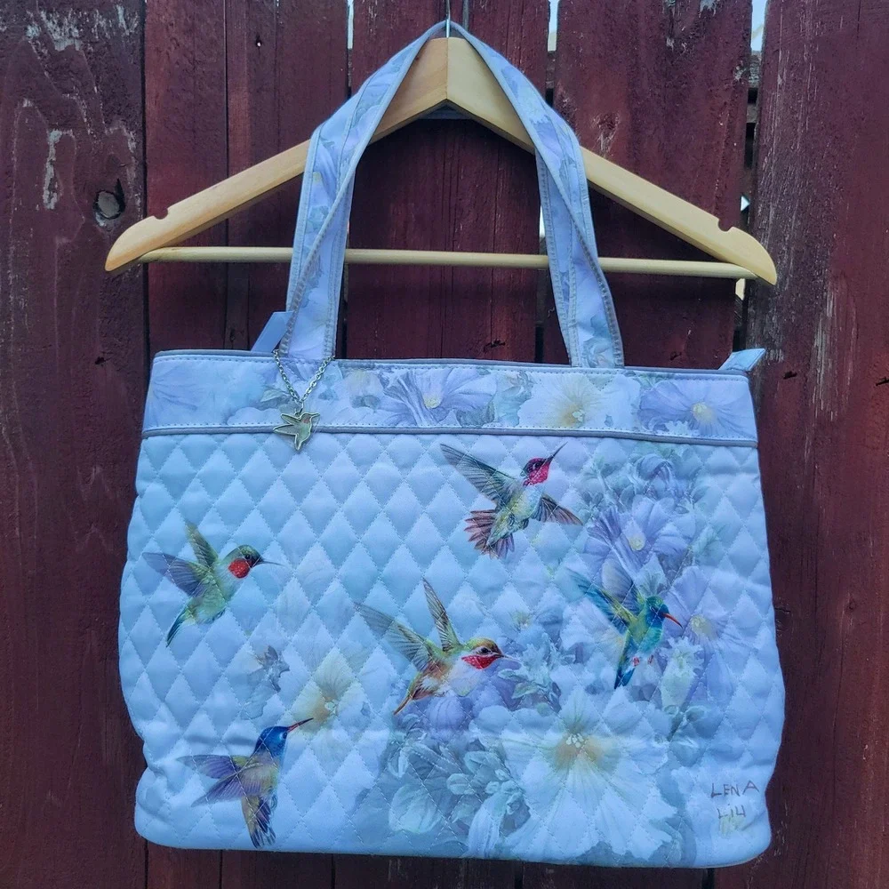Lena Liu Hummingbird Quilted Tote Bag Floral Nature Art Shoulder Bag Zipper Top